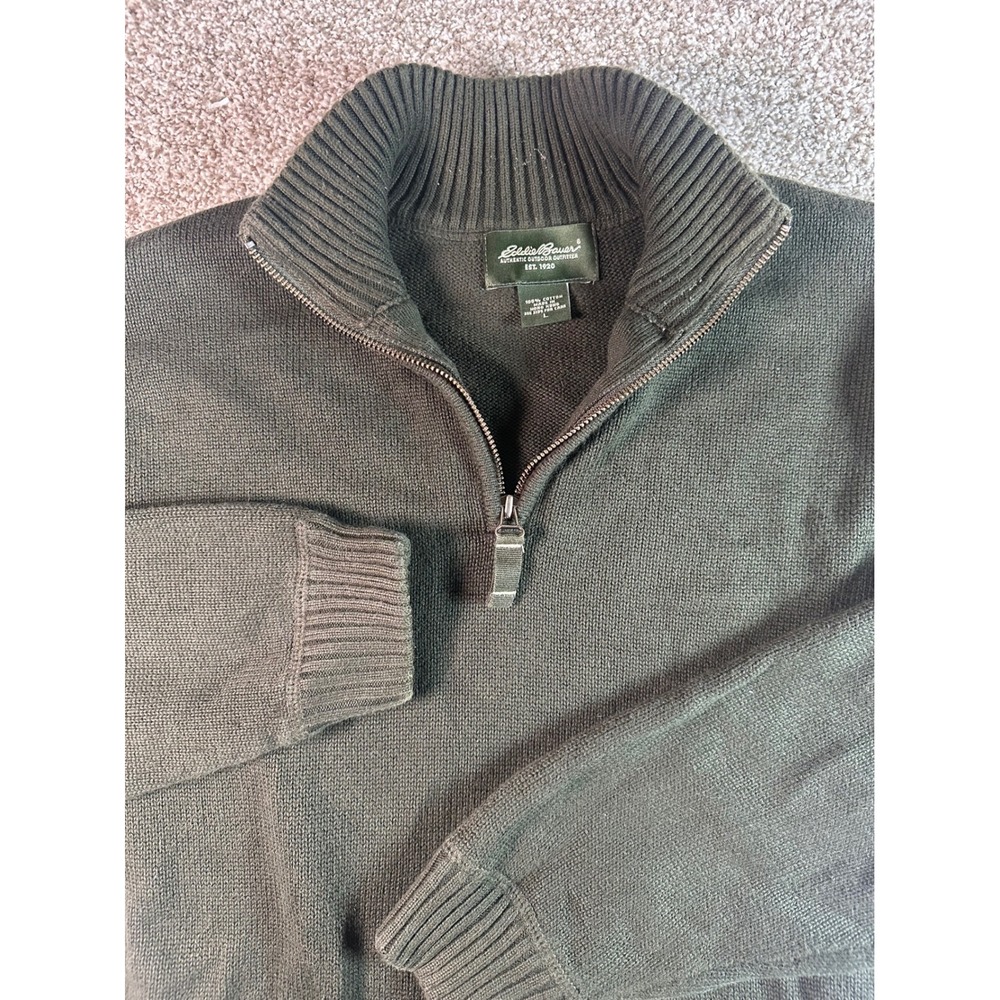 Eddie Bauer Mens Large Green 100% Cotton Quarter Zip Shaker Knit Sweater